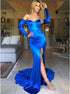 Royal Blue Off the Shoulder Mermaid Satin Long Sleeves Prom Dresses with Slit LBQ3020